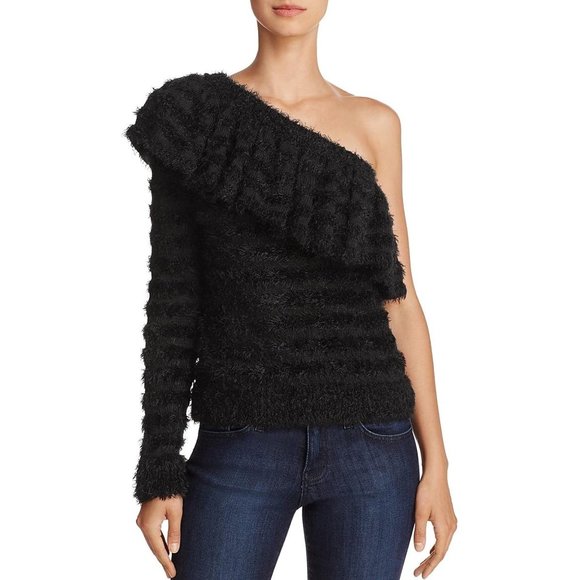 NWT WAYF JOHNIE RUFFLED SHADOW STRIPE ONE SHOULDER SWEATER  - Large - Picture 1 of 7